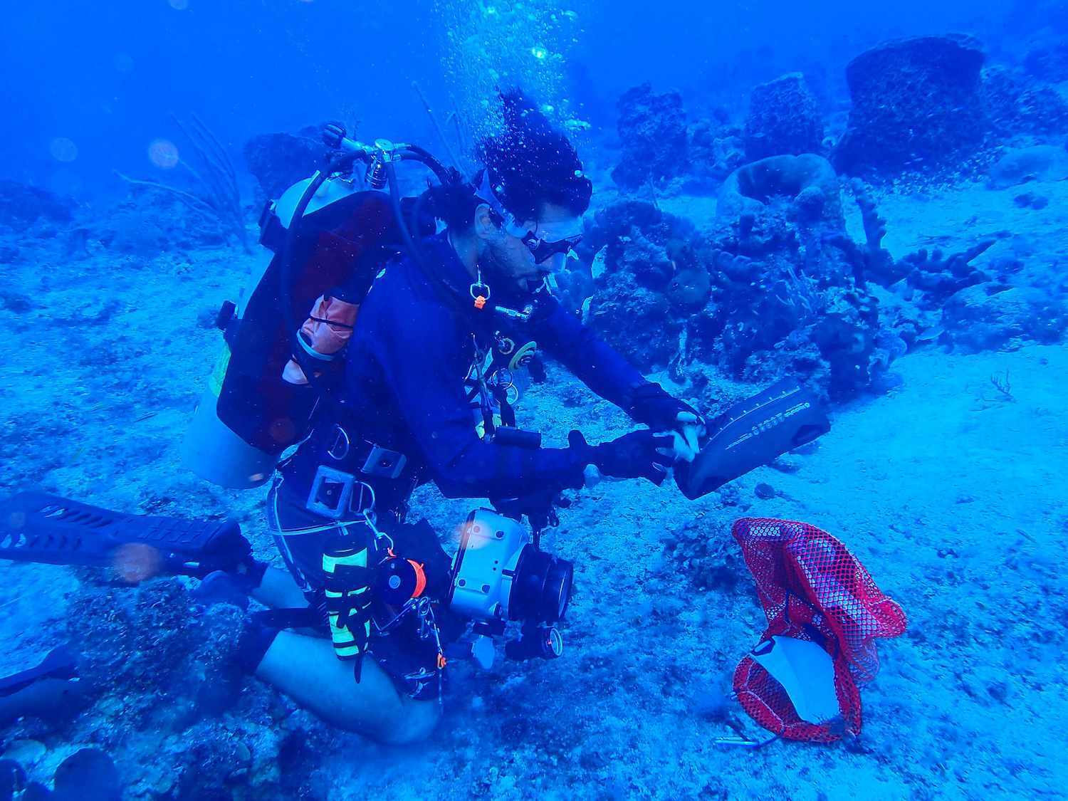 Diver under water deploying Nortek instrument