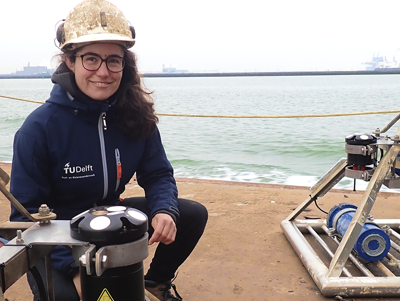 Dr Tissier (shown) and fellow researchers used Signature1000 ADCPs on frames to capture the entire wave field in front of De Zandmotor during the 2021/2022 storm season. (Photo: TU Delft)