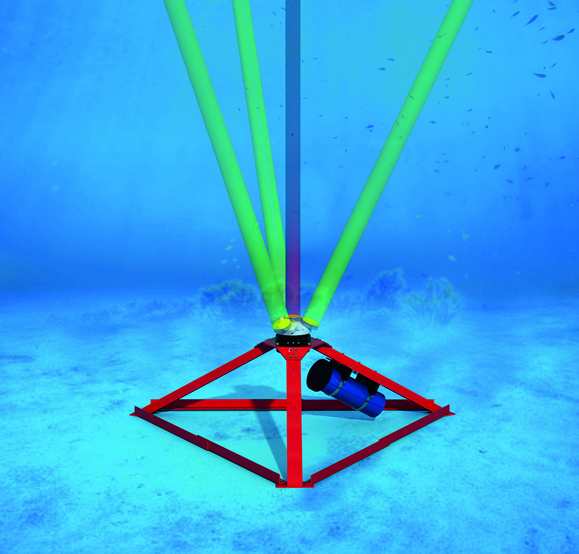 An AWAC ADCP from Nortek showing its projections of beams for measuring currents, waves and water level.